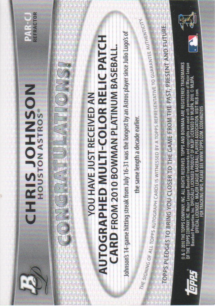 2010 Bowman Platinum Relic Autographs Green Refractors #CJ Chris Johnson back image