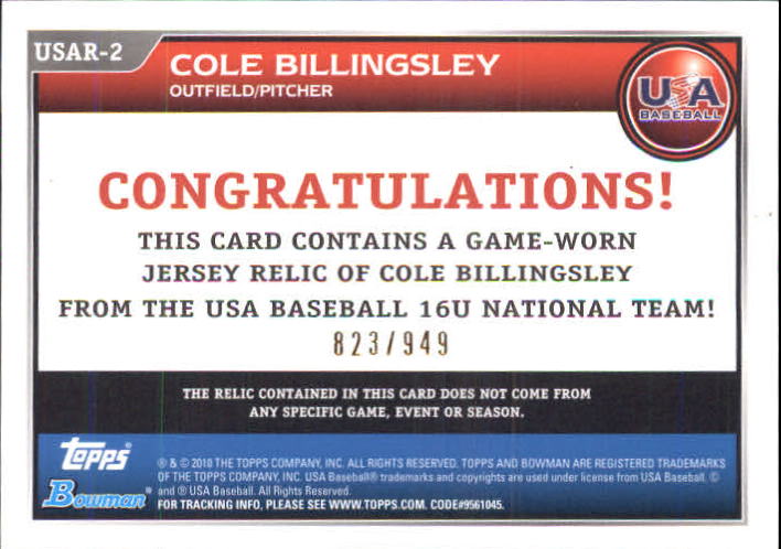 2010 Bowman Draft USA Baseball Jerseys #USAR2 Cole Billingsley back image