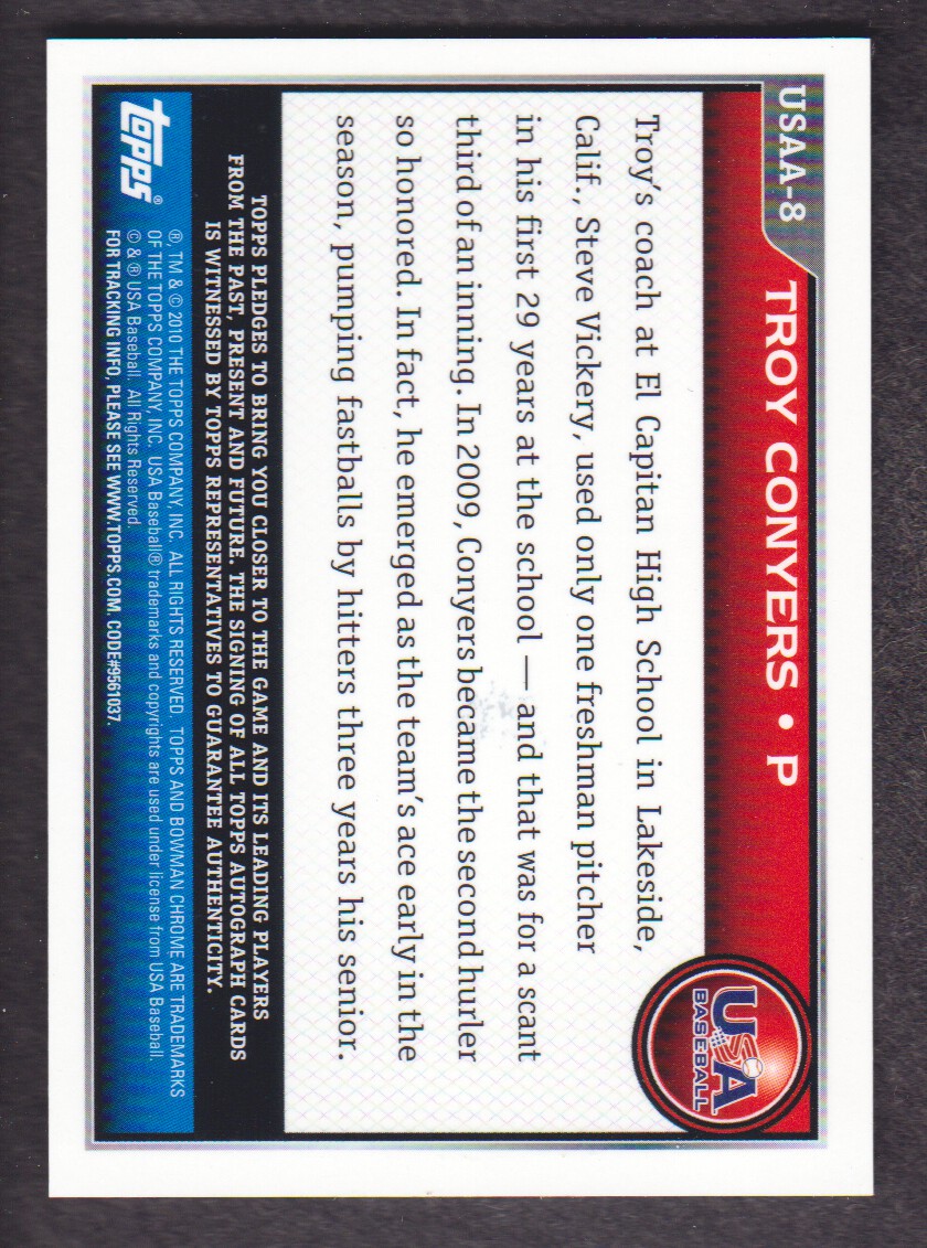 2010 Bowman Chrome Draft USA Baseball Autographs #USAA8 Troy Conyers back image