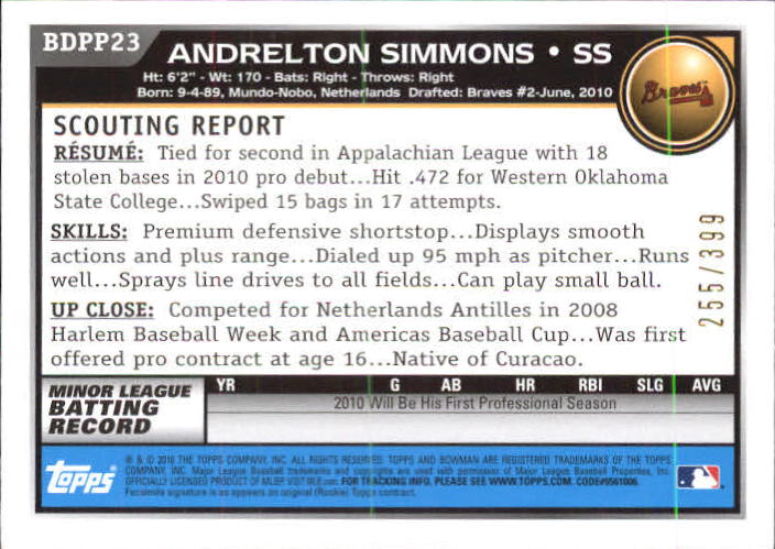2010 Bowman Draft Prospects Blue #BDPP23 Andrelton Simmons back image