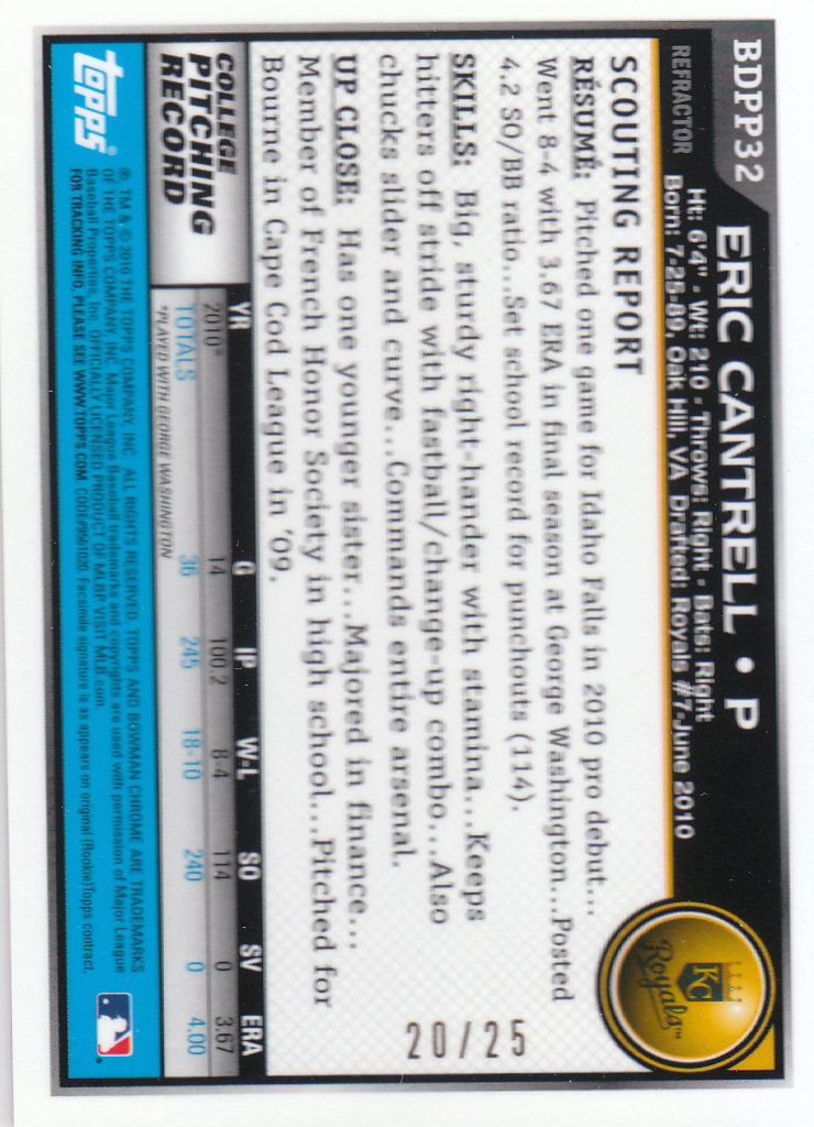 2010 Bowman Chrome Draft Prospects Orange Refractors #BDPP32 Eric Cantrell back image