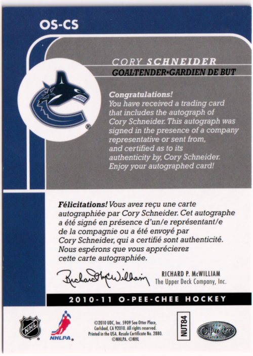 2010-11 O-Pee-Chee Signatures #OSCS Cory Schneider back image