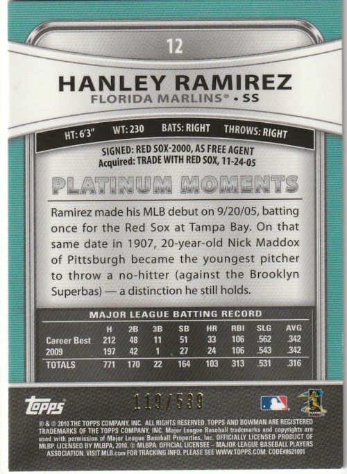 2010 Bowman Platinum Gold Refractors #12 Hanley Ramirez back image