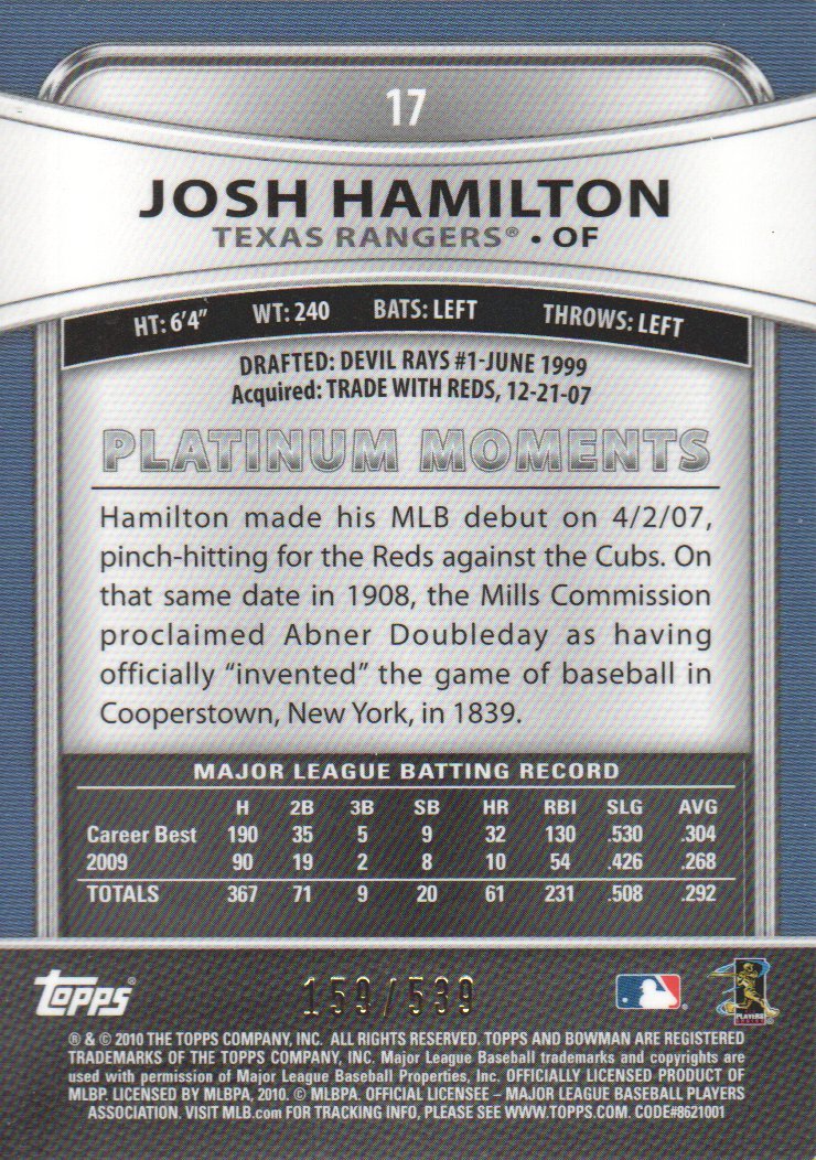 2010 Bowman Platinum Gold Refractors #17 Josh Hamilton back image