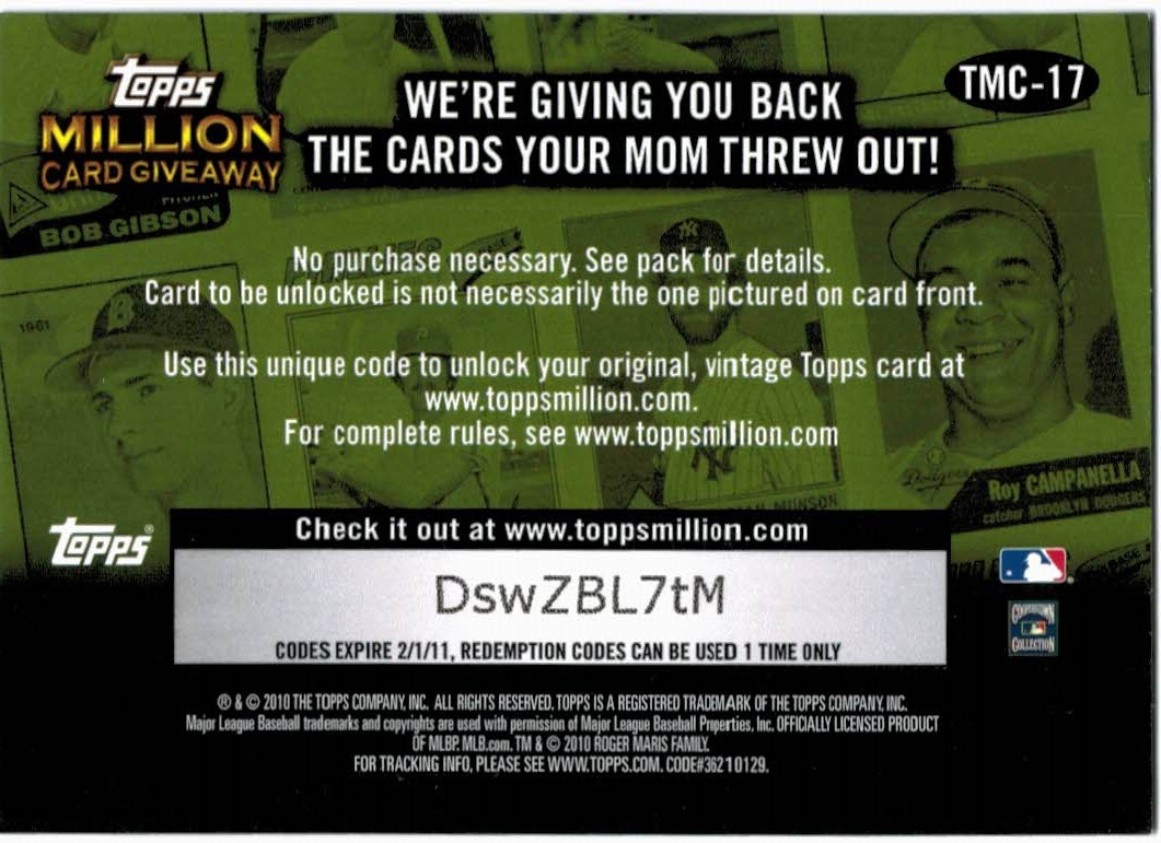 2010 Topps Million Card Giveaway #TMC17  Roger Maris back image