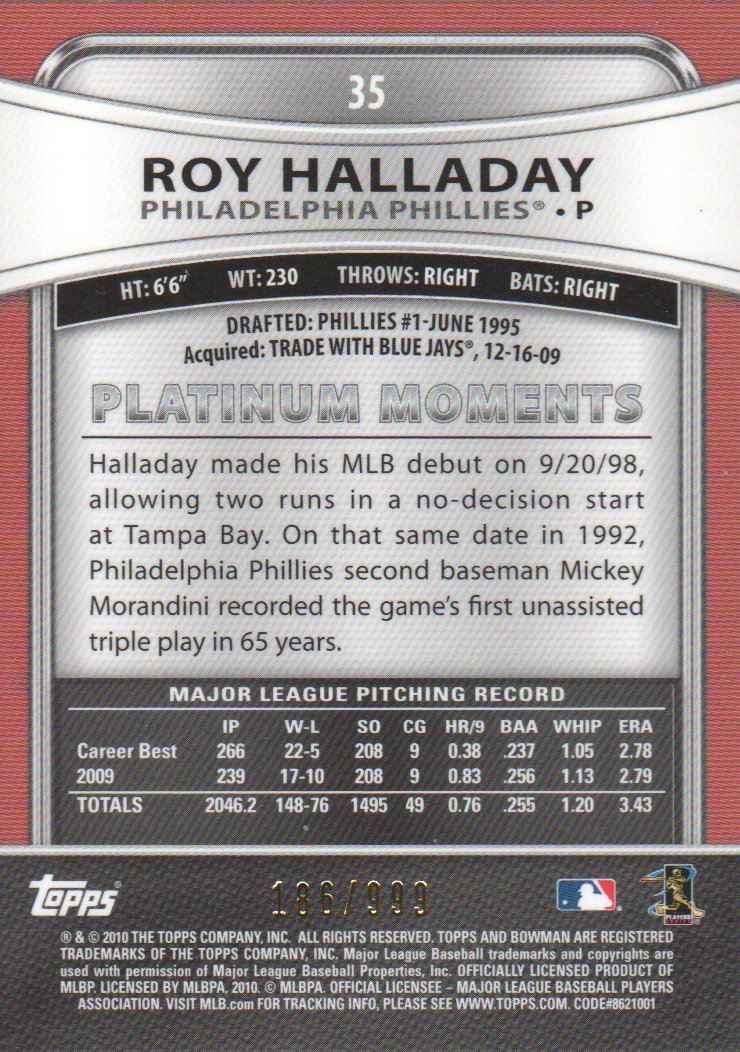 2010 Bowman Platinum Refractors #35 Roy Halladay back image