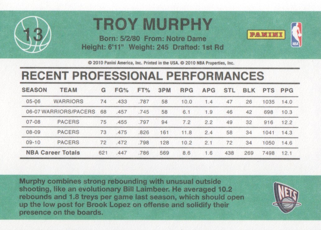 2010-11 Donruss #13 Troy Murphy back image