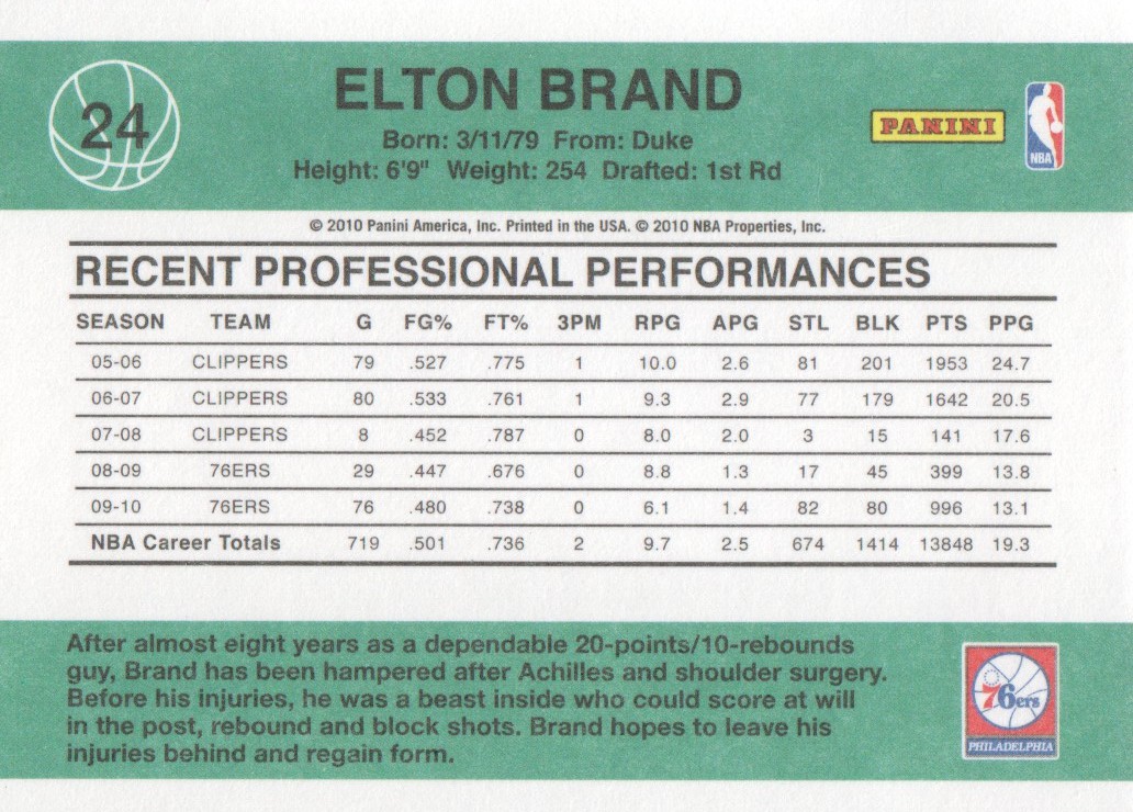 2010-11 Donruss #24 Elton Brand back image