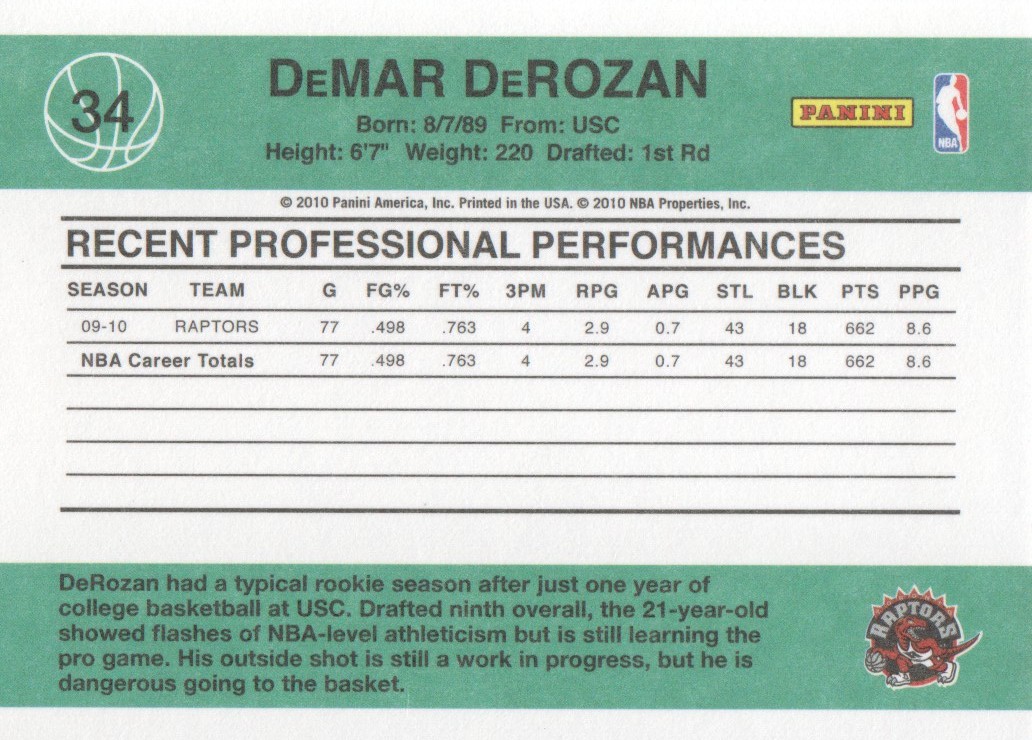 2010-11 Donruss #34 DeMar DeRozan back image