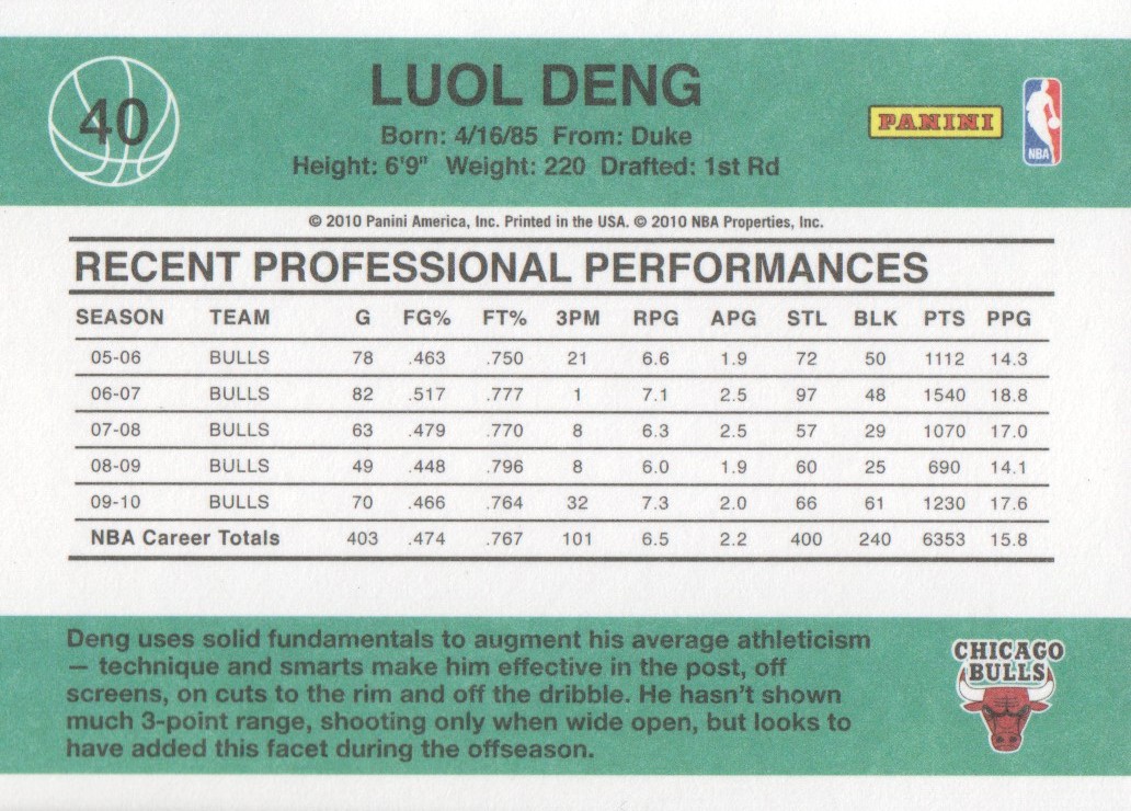 2010-11 Donruss #40 Luol Deng back image