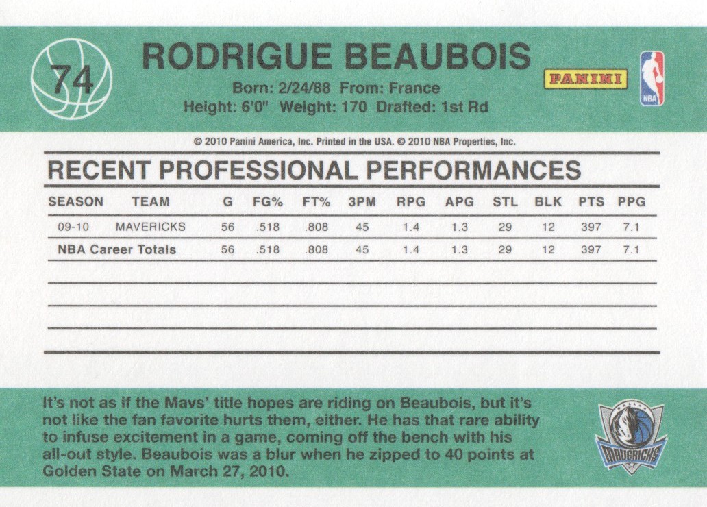 2010-11 Donruss #74 Rodrigue Beaubois back image