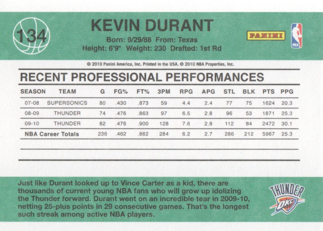 2010-11 Donruss #134 Kevin Durant back image
