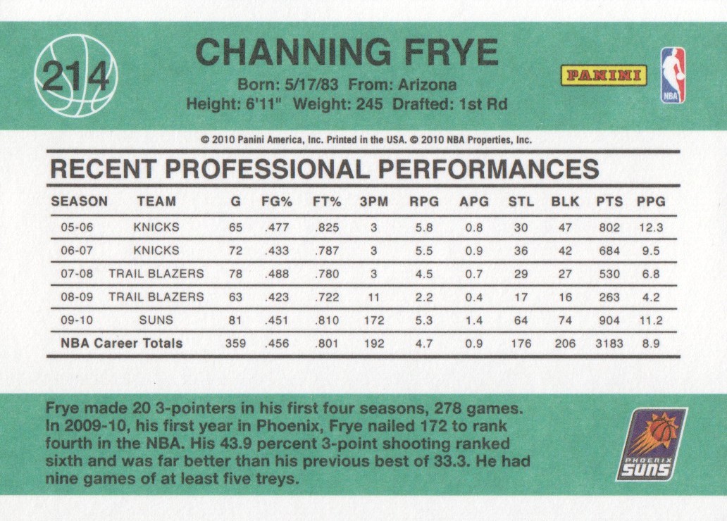 2010-11 Donruss #214 Channing Frye back image
