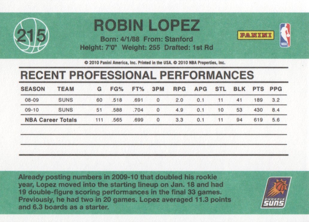 2010-11 Donruss #215 Robin Lopez back image