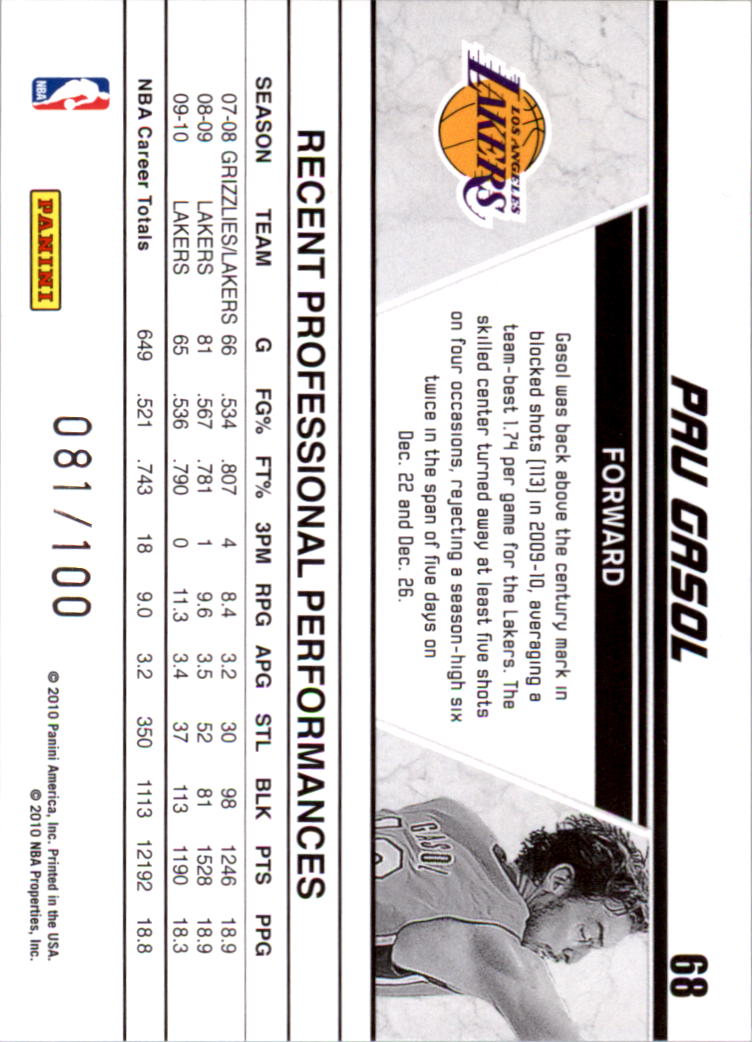 2010-11 Donruss Production Line Press Proofs #68 Pau Gasol back image