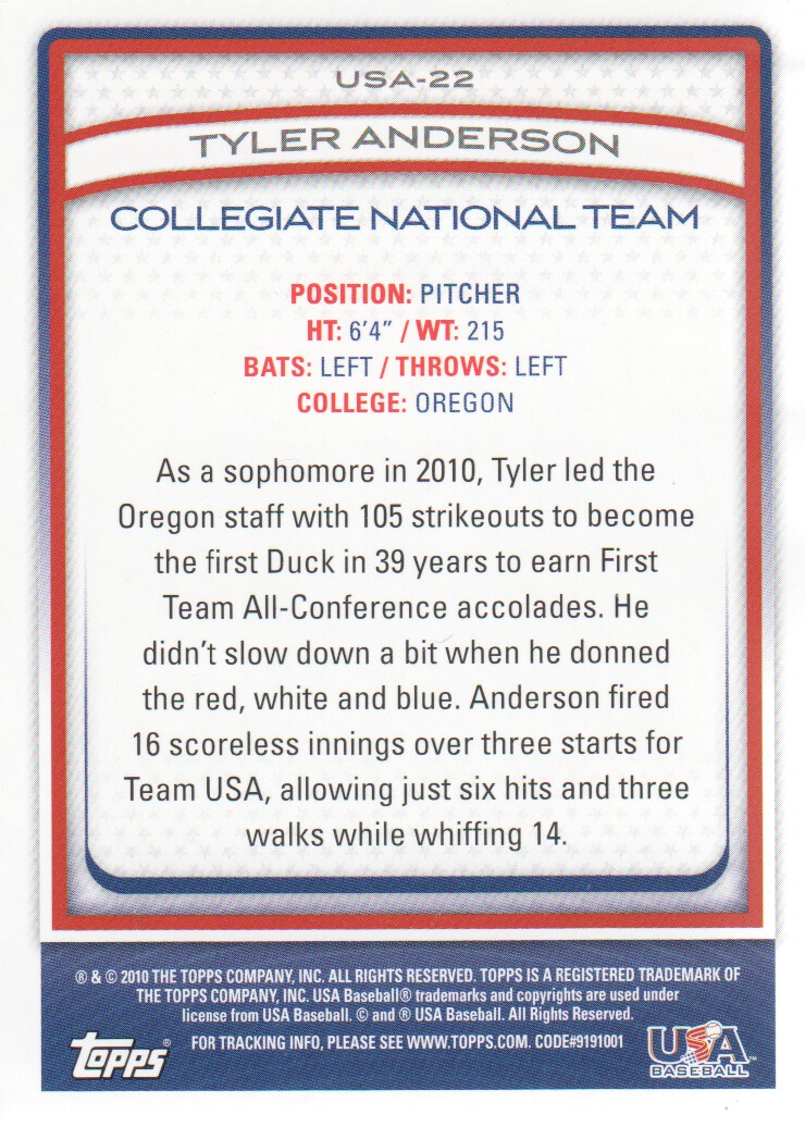 2010 USA Baseball #USA22 Tyler Anderson back image