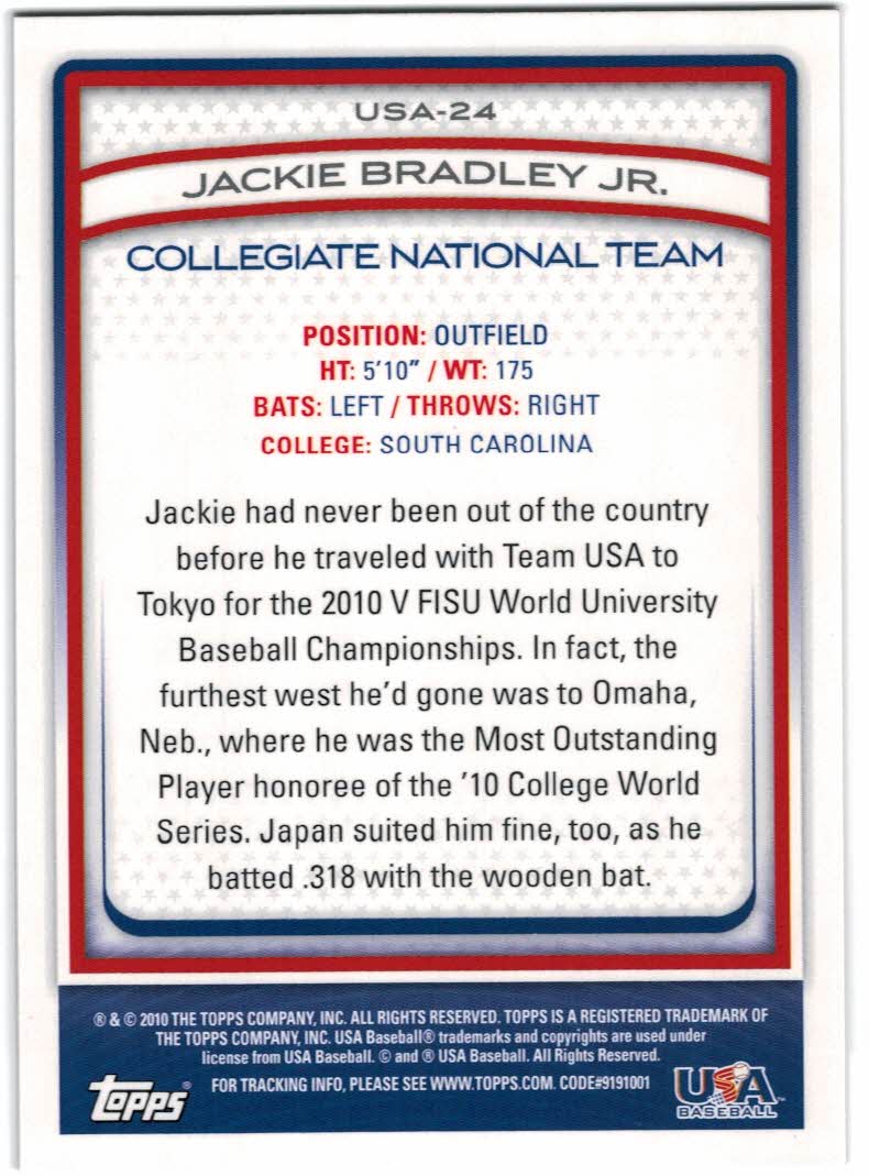 2010 USA Baseball #USA24 Jackie Bradley Jr. back image