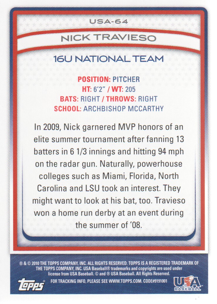 2010 USA Baseball #USA64 Nick Travieso back image