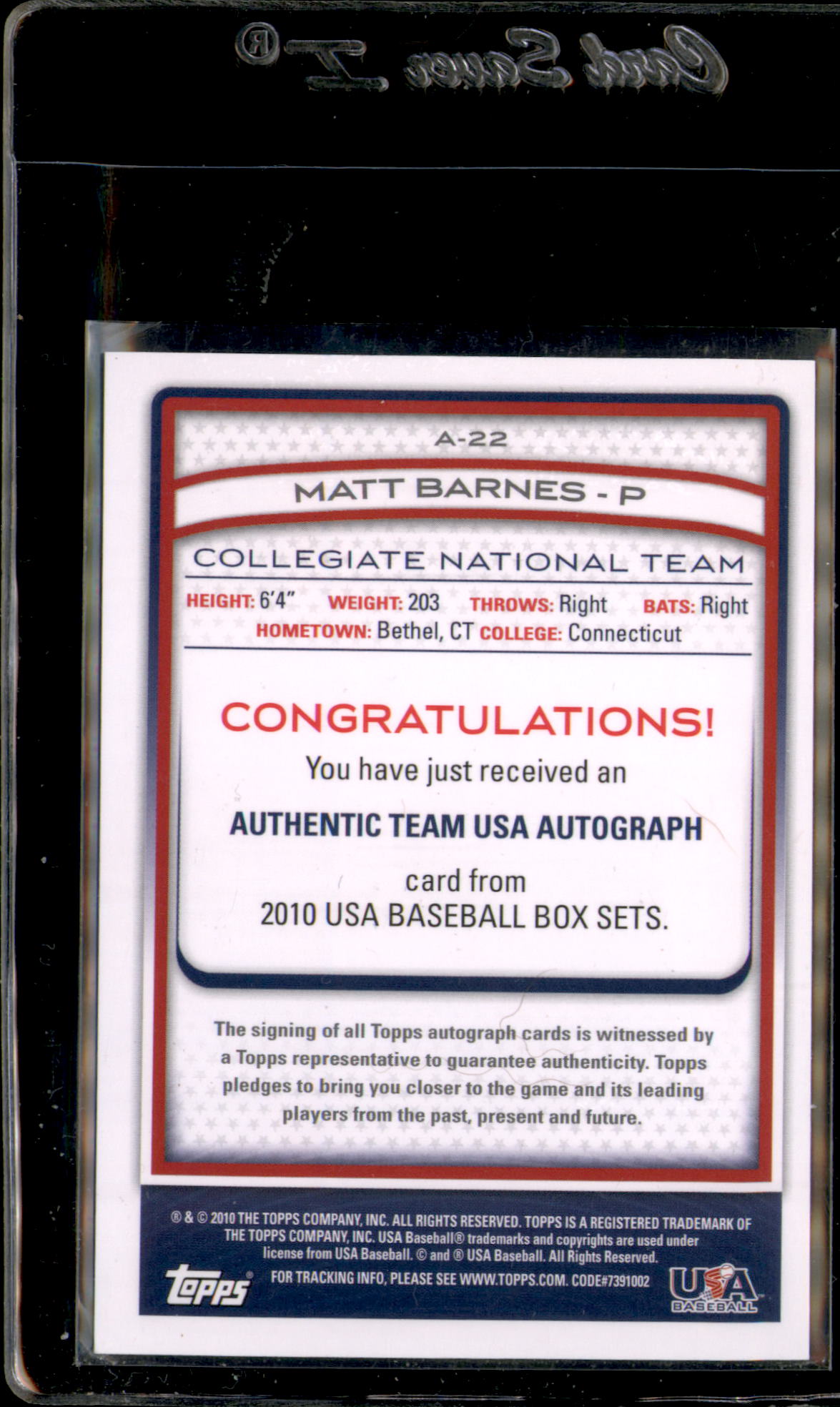 2010 USA Baseball Autographs #A22 Matt Barnes back image