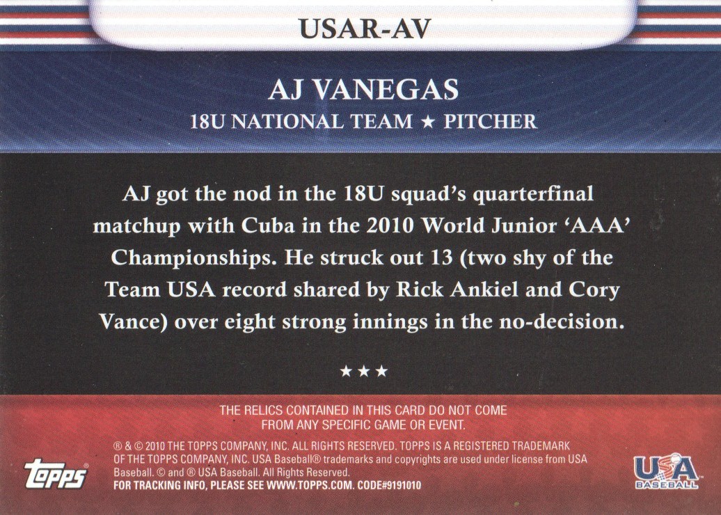 2010 USA Baseball Triple Jerseys #AV AJ Vanegas back image
