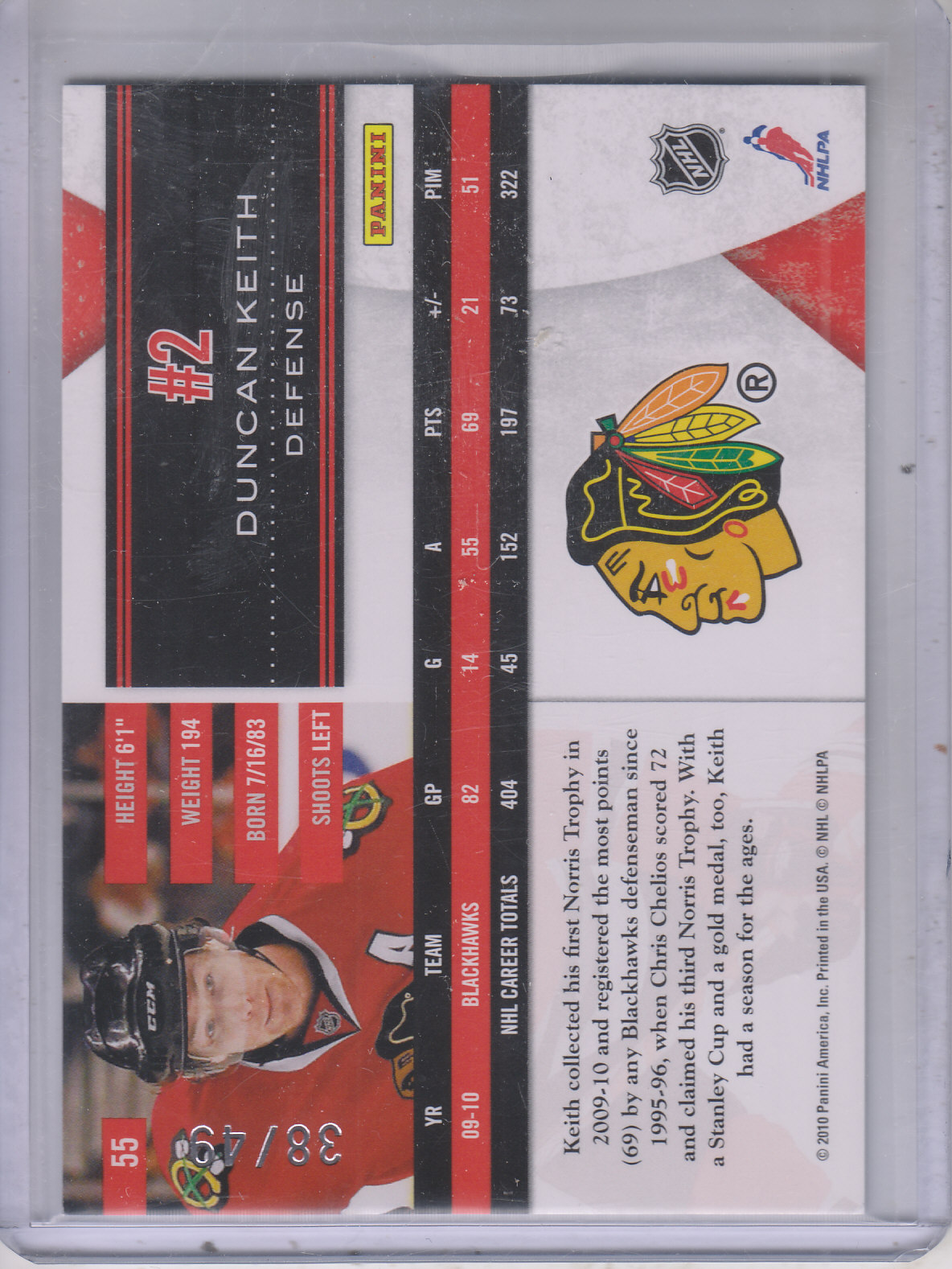 2010-11 Limited Silver Spotlight #55 Duncan Keith back image