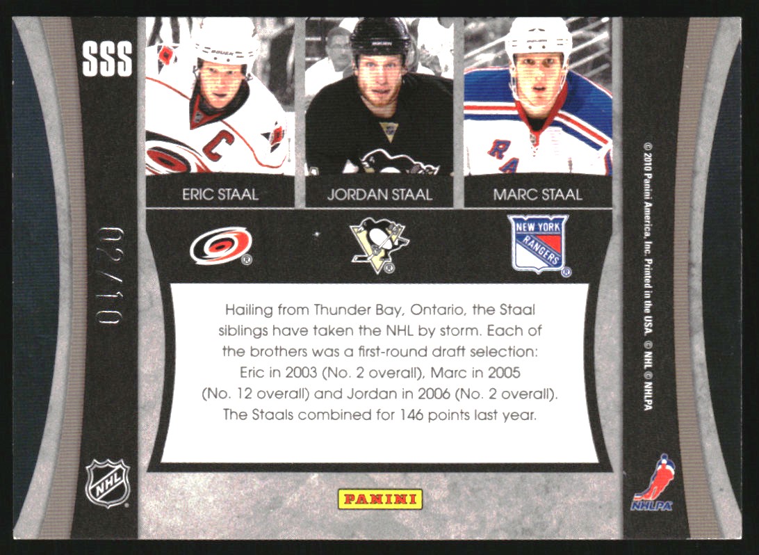 2010-11 Limited Trios Gold Spotlight #SSS Eric Staal/Jordan Staal/Marc Staal back image