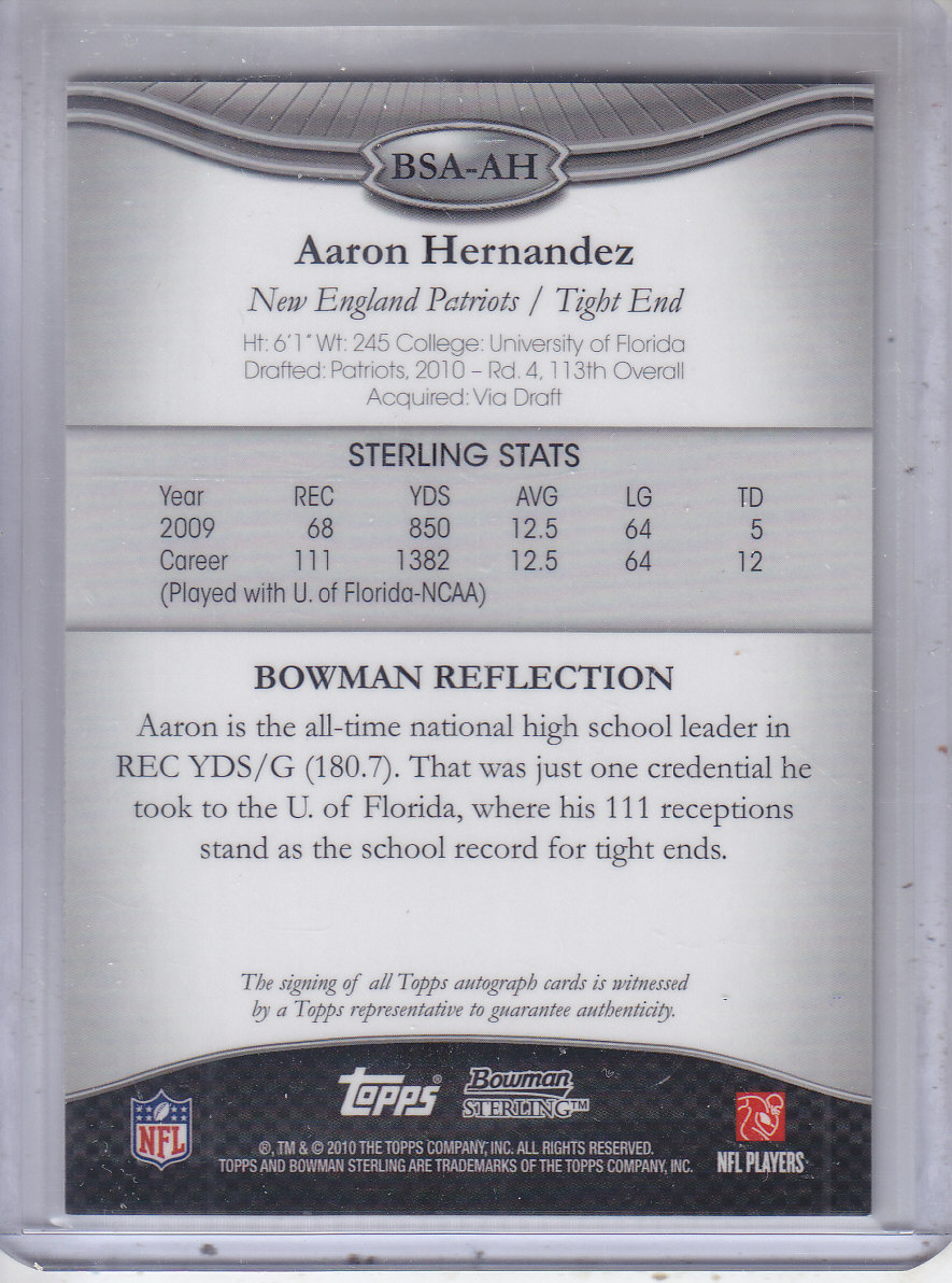 2010 Bowman Sterling #BSAAH Aaron Hernandez AU D back image