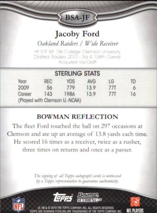 2010 Bowman Sterling #BSAJF Jacoby Ford AU D back image