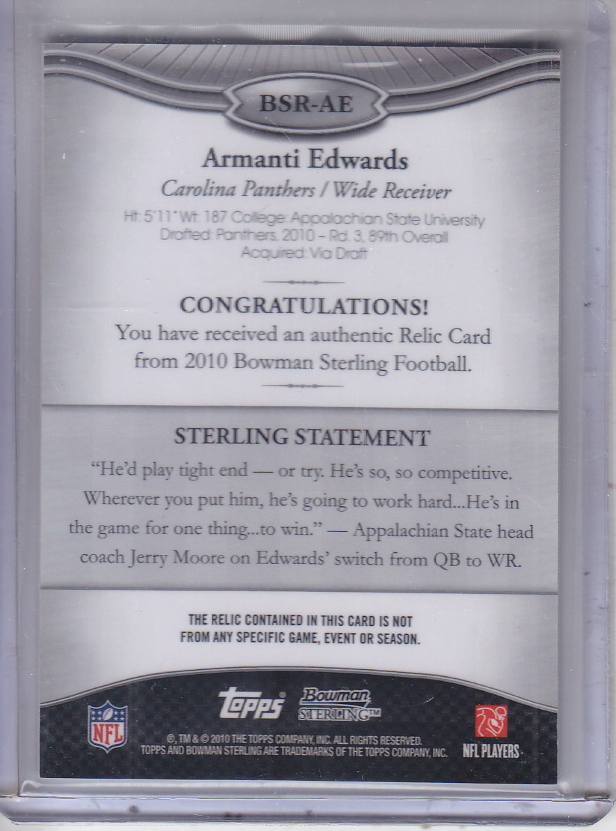2010 Bowman Sterling #BSRAE Armanti Edwards JSY B RC back image