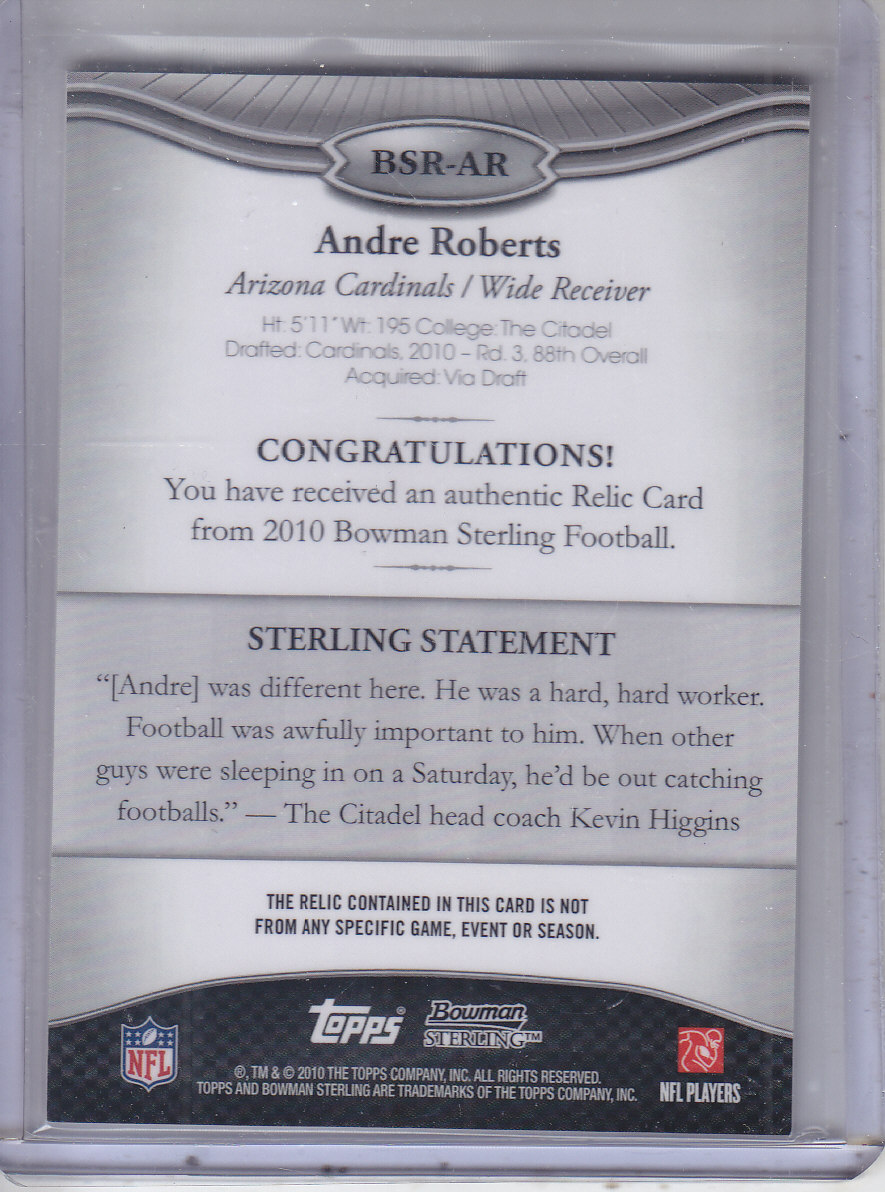 2010 Bowman Sterling #BSRAR Andre Roberts JSY B RC back image