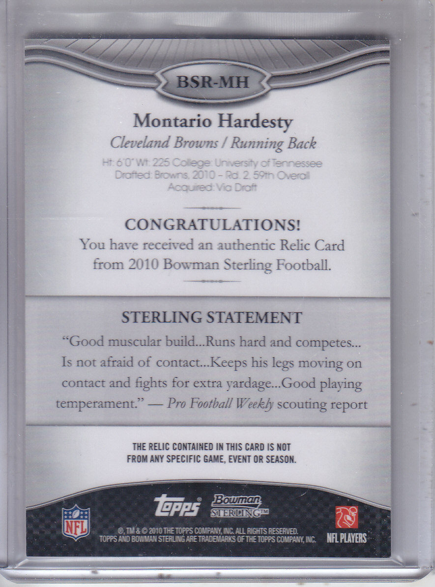 2010 Bowman Sterling #BSRMH Montario Hardesty JSY B RC back image