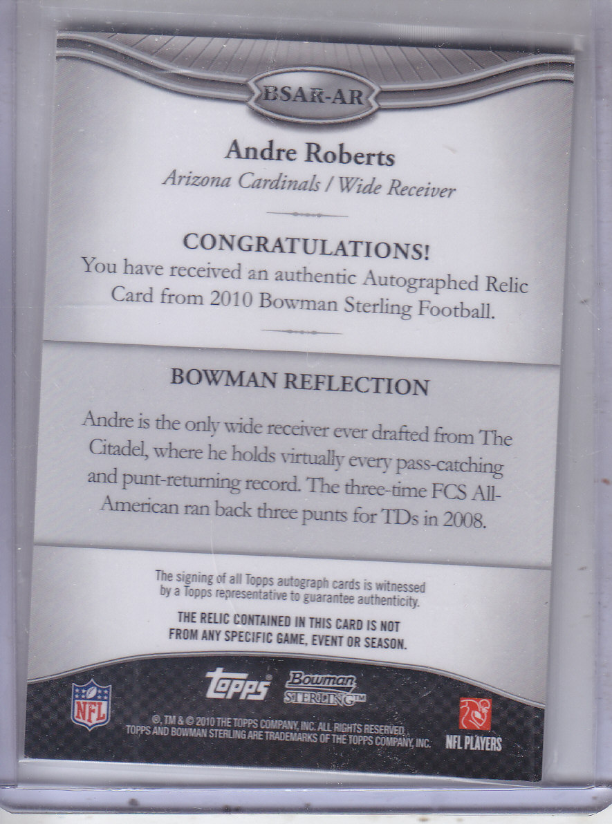 2010 Bowman Sterling #BSARAR Andre Roberts JSY AU C back image
