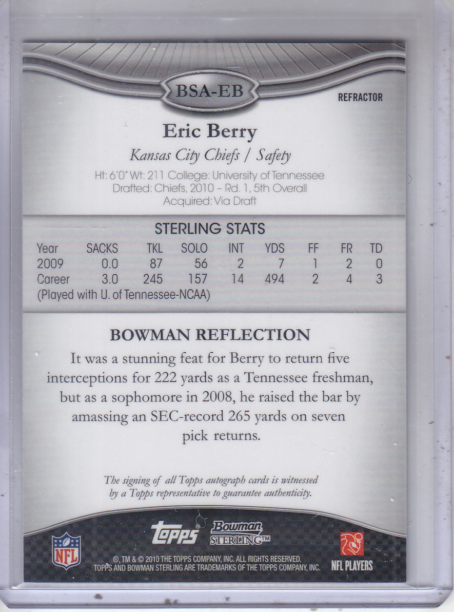 2010 Bowman Sterling Blue Refractors #BSAEB Eric Berry AU back image
