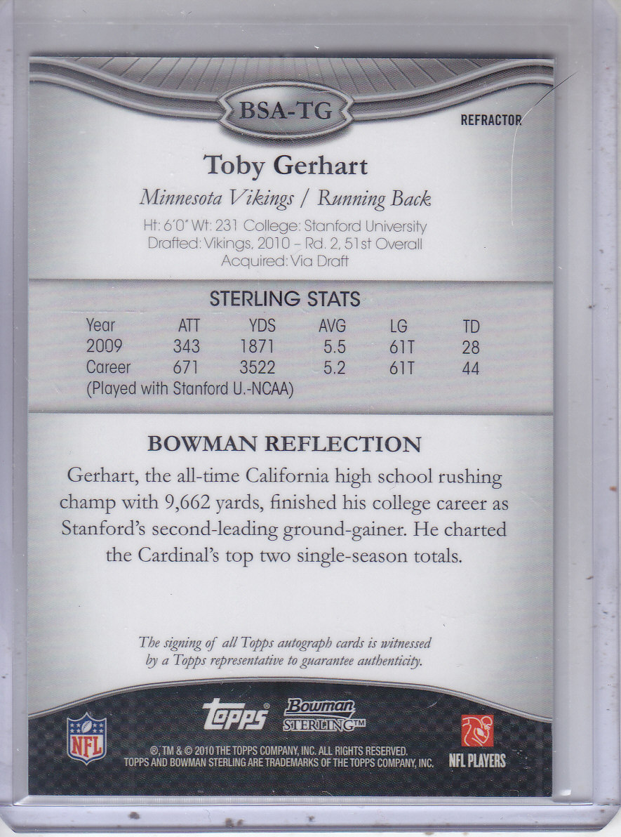 2010 Bowman Sterling Blue Refractors #BSATG Toby Gerhart AU back image