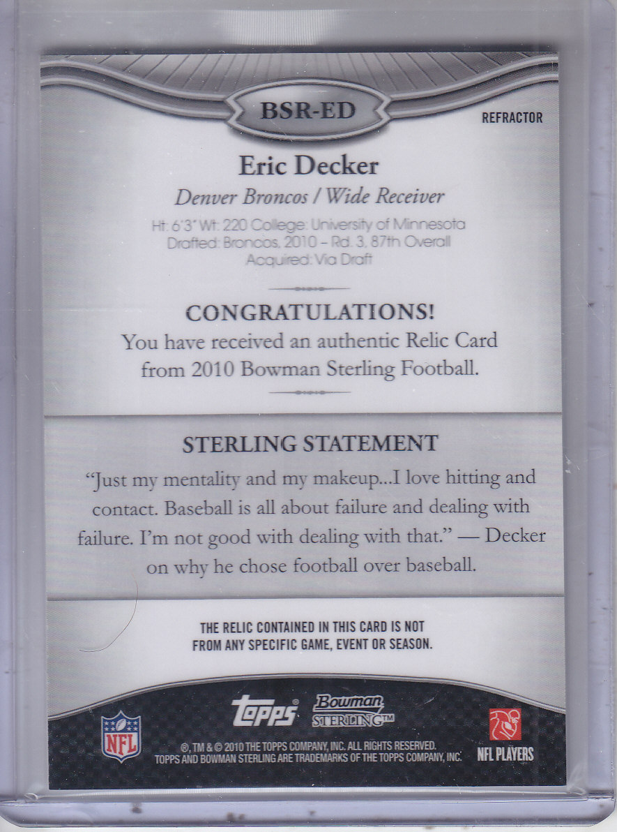 2010 Bowman Sterling Blue Refractors #BSRED Eric Decker JSY back image