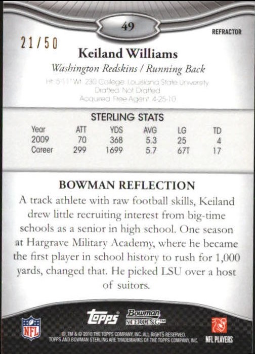 2010 Bowman Sterling Black Refractors #49 Keiland Williams back image