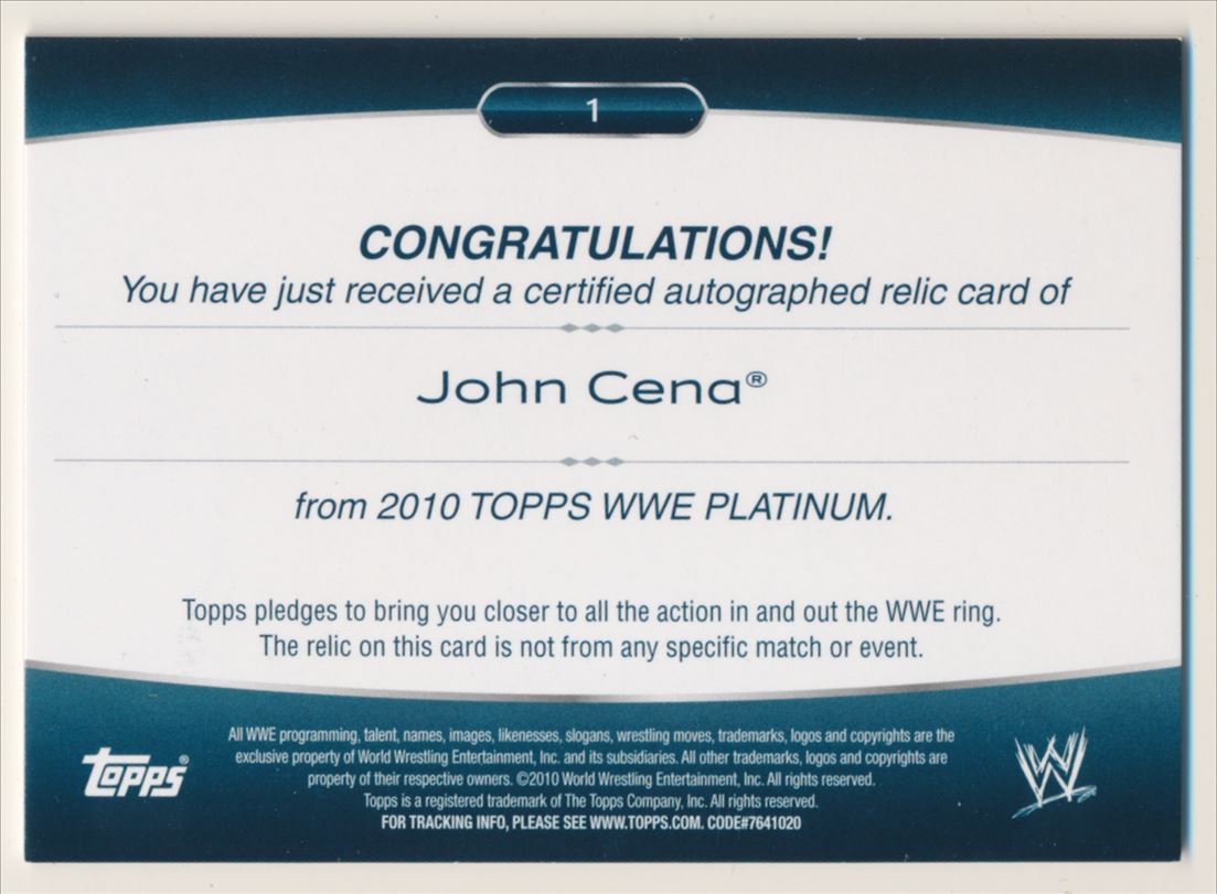 2010 Topps Platinum WWE Autographed Relics #1 John Cena back image