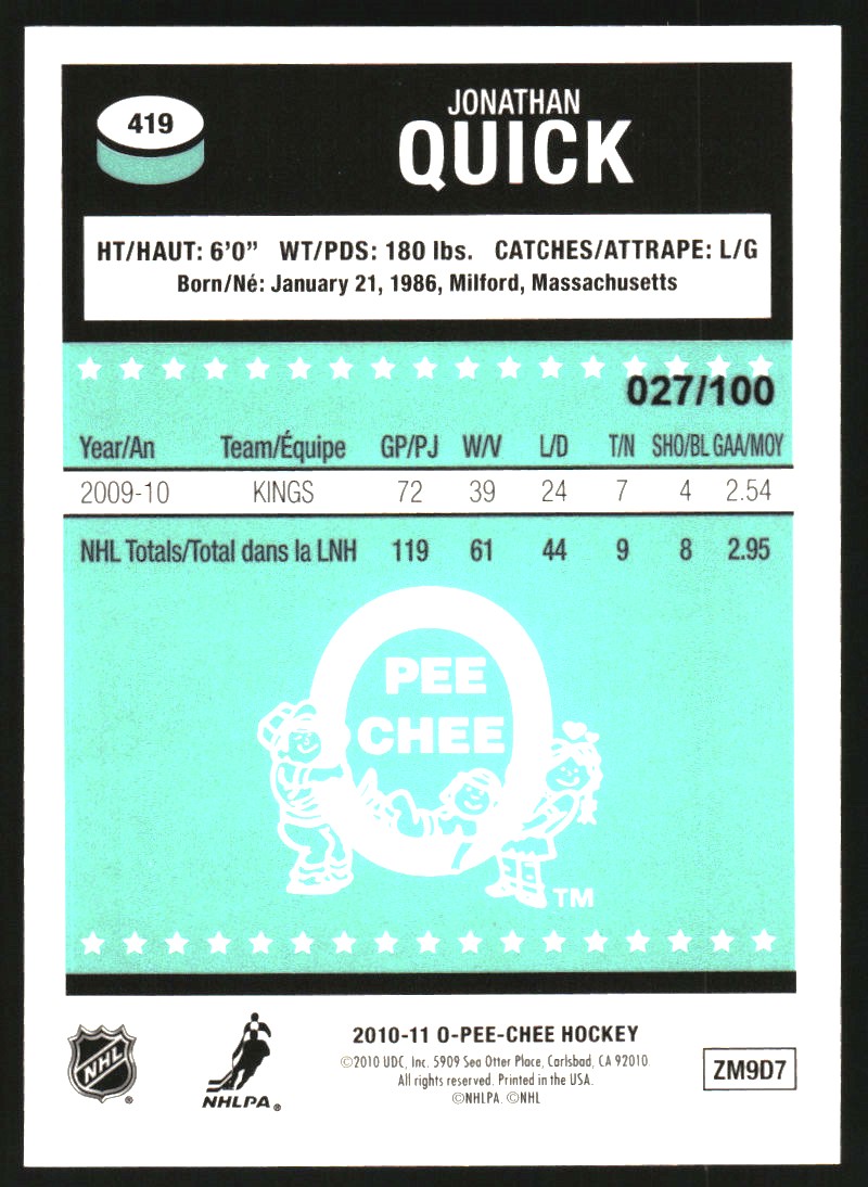 2010-11 O-Pee-Chee Retro Black Rainbow #419 Jonathan Quick back image