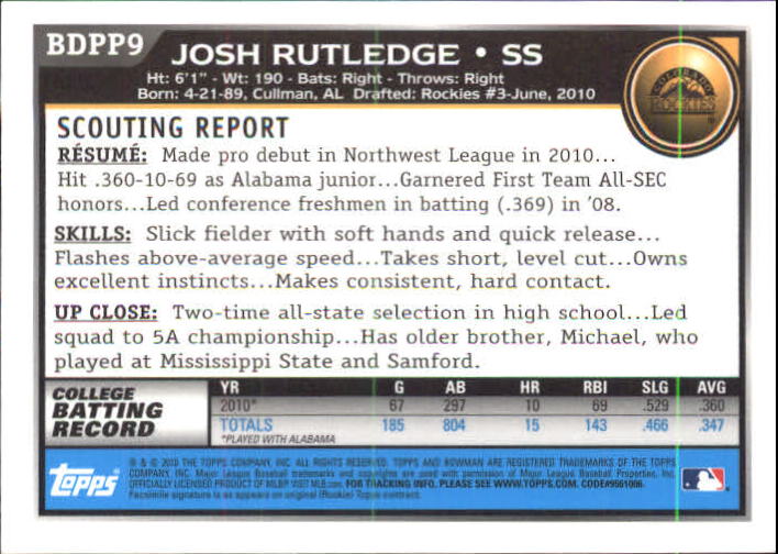 2010 Bowman Draft Prospects Gold #BDPP9 Josh Rutledge back image