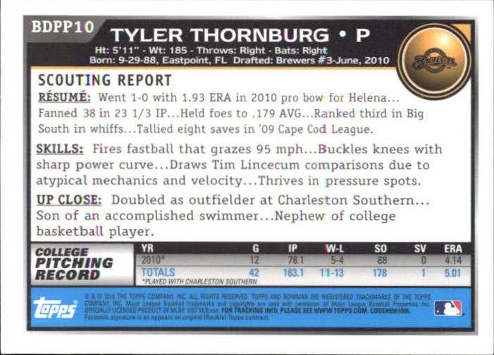 2010 Bowman Draft Prospects Gold #BDPP10 Tyler Thornburg back image