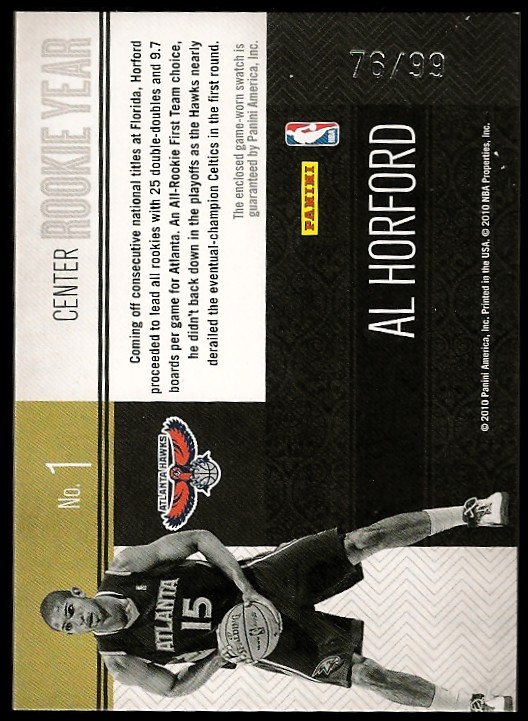 2010-11 Timeless Treasures Rookie Year Materials #1 Al Horford/99 back image
