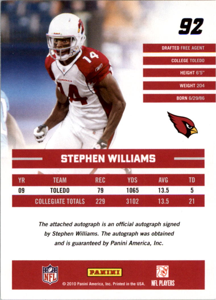 2010 Donruss Rated Rookies Autographs #92 Stephen Williams back image