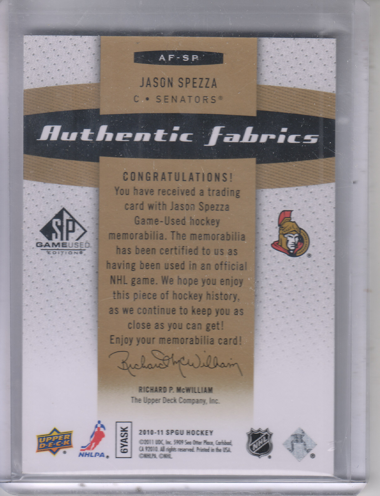 2010-11 SP Game Used Authentic Fabrics Gold #AFSP Jason Spezza back image