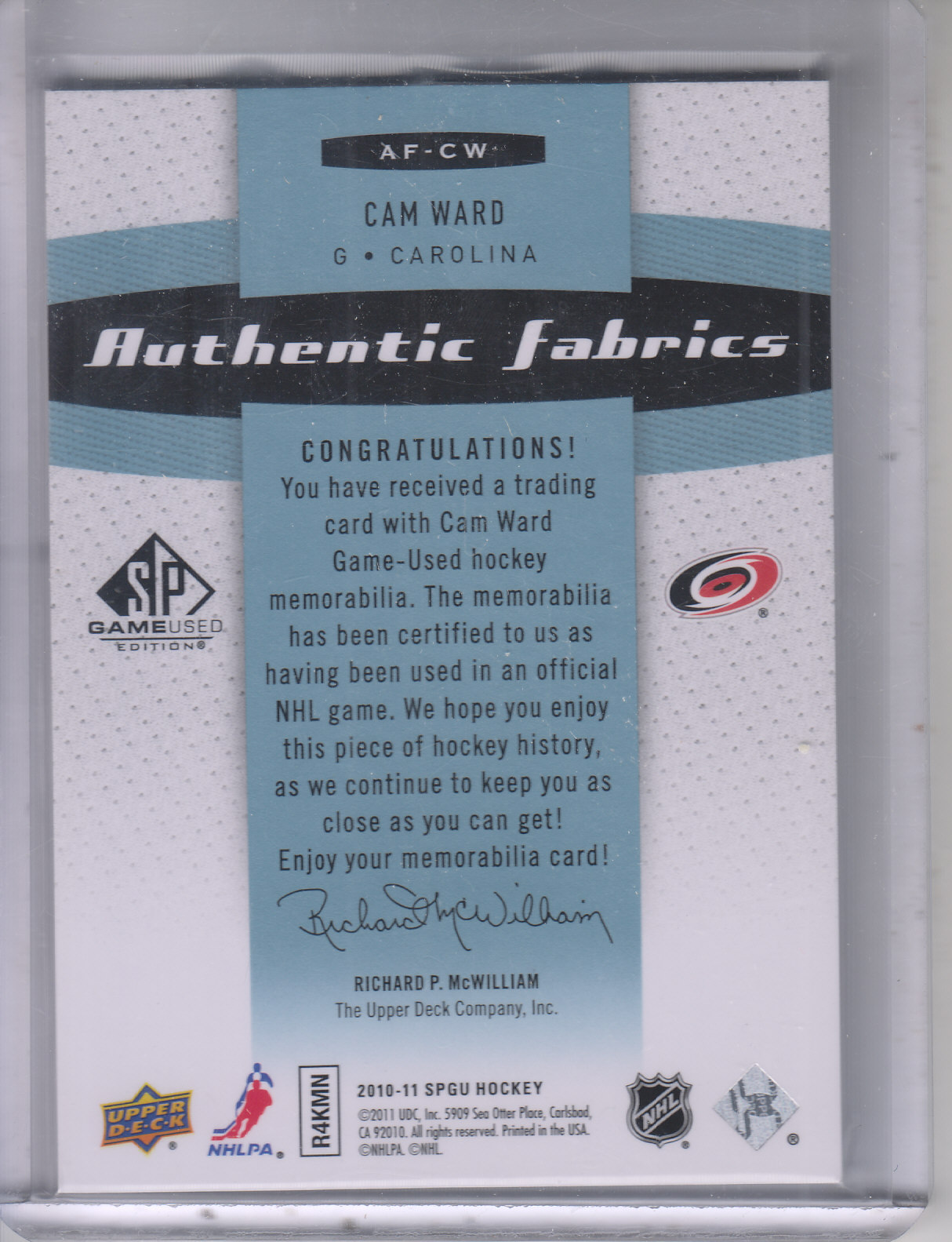 2010-11 SP Game Used Authentic Fabrics Patches #AFCW Cam Ward back image