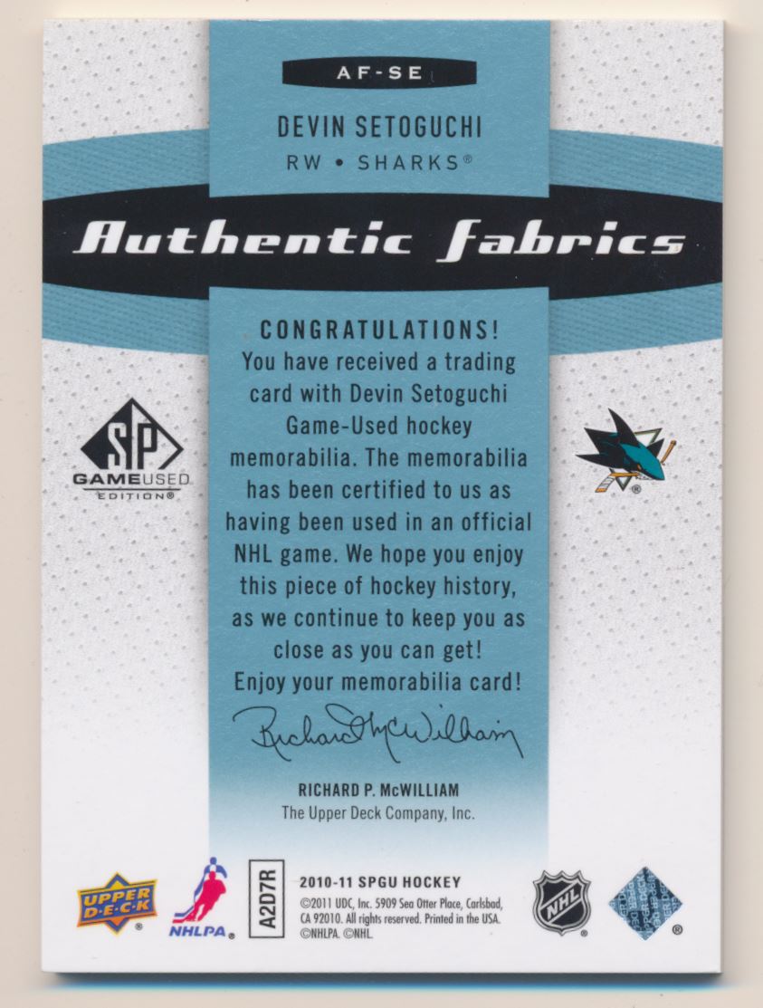 2010-11 SP Game Used Authentic Fabrics Patches #AFSE Devin Setoguchi