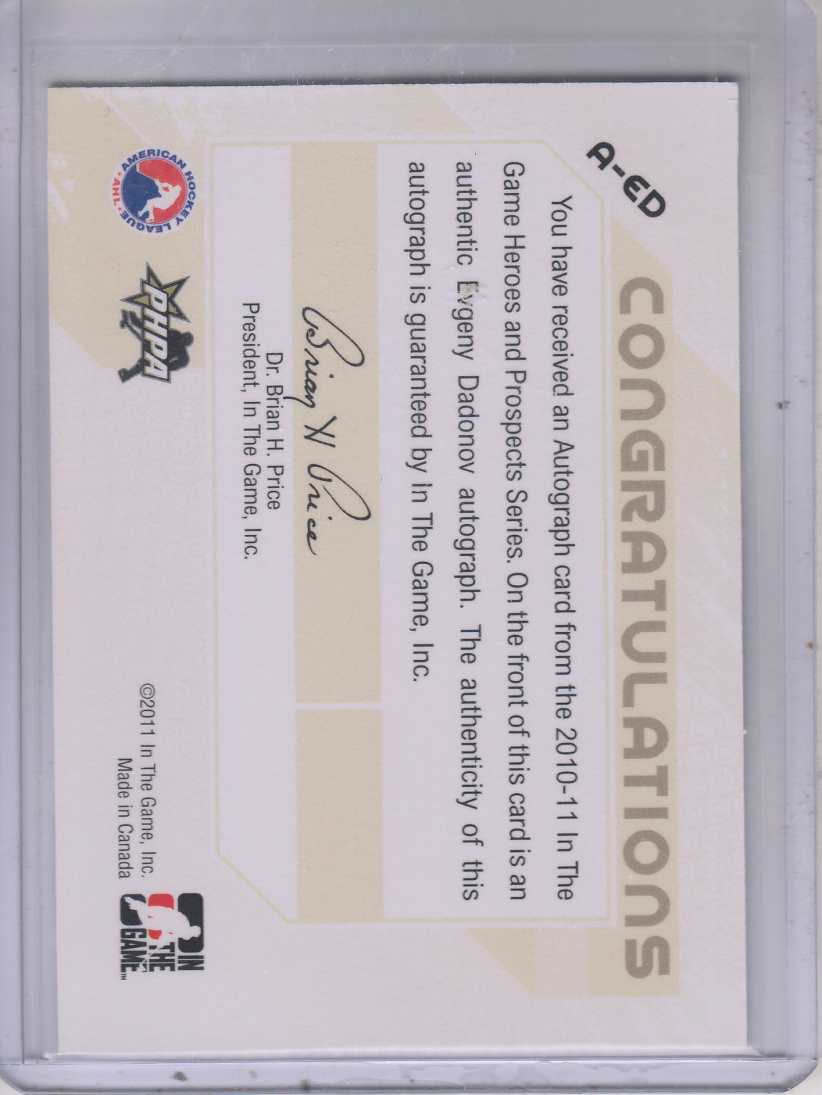 2010-11 ITG Heroes and Prospects Autographs #AED Evgeny Dadonov back image