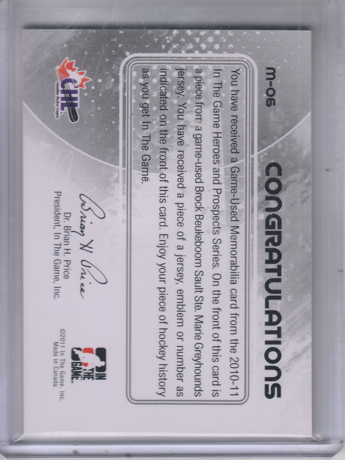 2010-11 ITG Heroes and Prospects Game Used Jerseys Black #M06 Brock Beukeboom back image