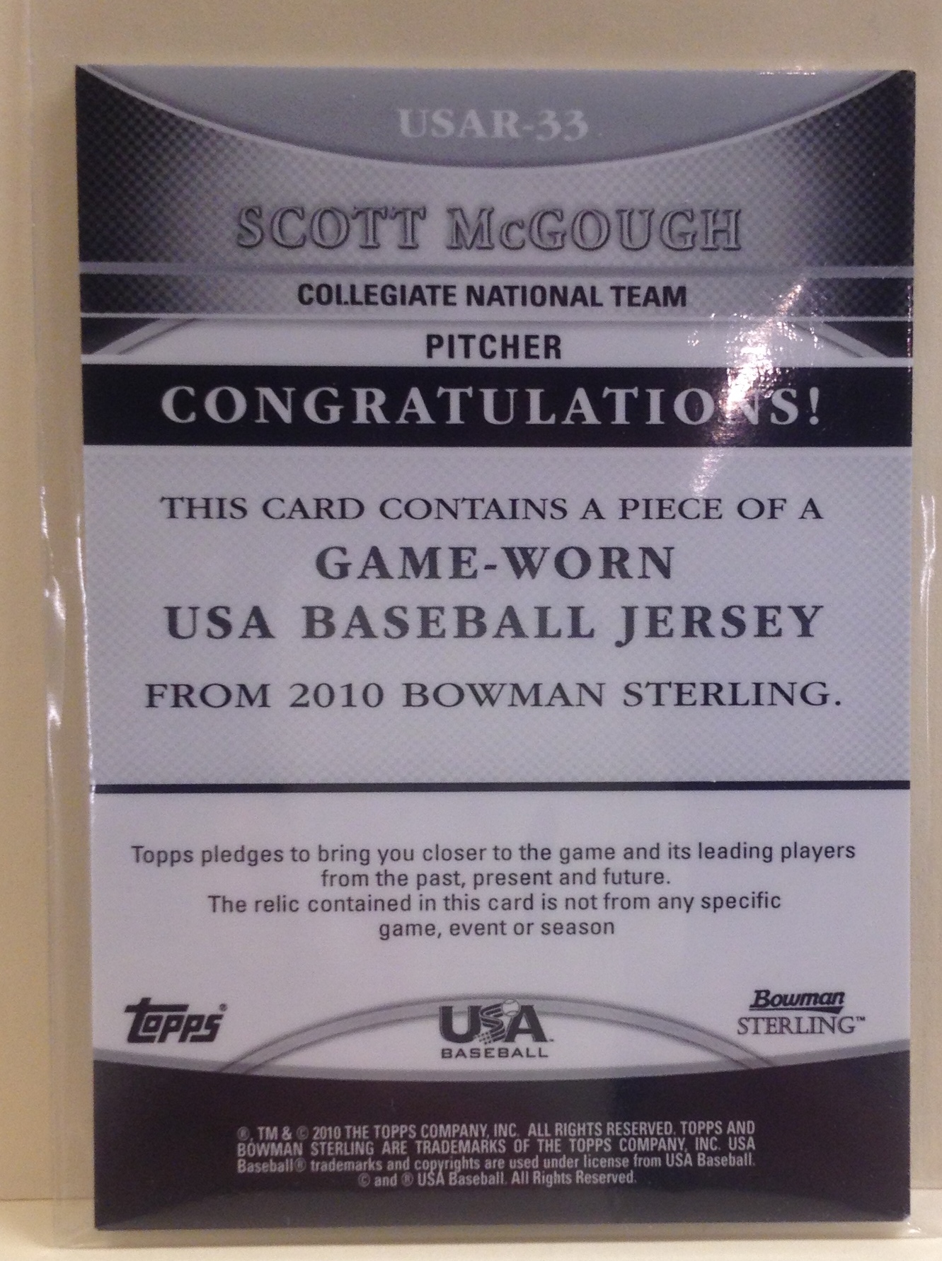 2010 Bowman Sterling USA Baseball Relics #USAR33 Scott McGough back image