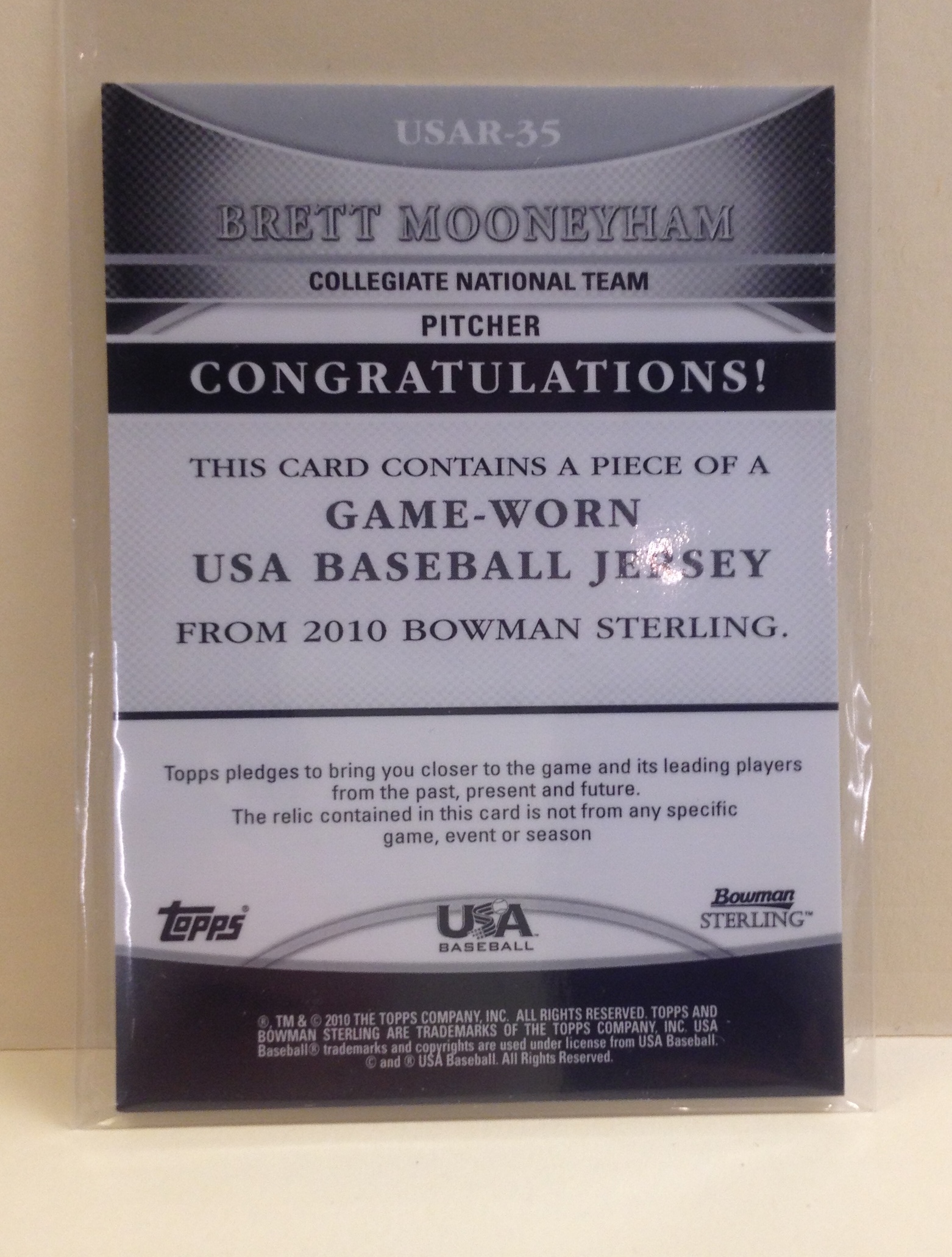 2010 Bowman Sterling USA Baseball Relics #USAR35 Brett Mooneyham back image