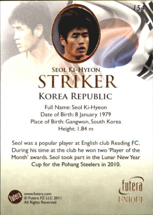 2011 Futera World Football Unique #154 Ki-Hyeon Seol back image
